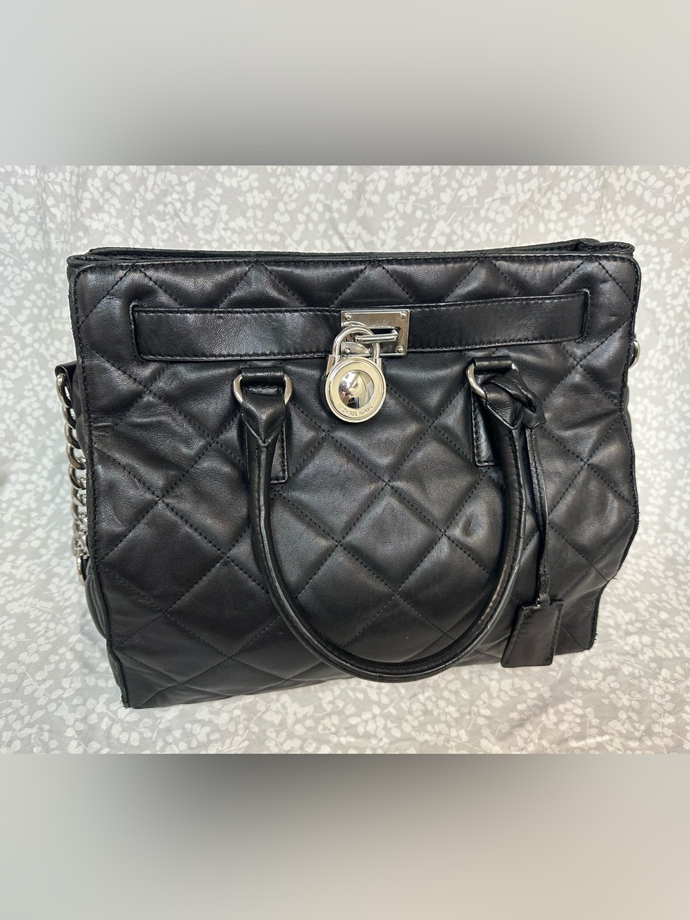 Michael Kors Black Quilted Leather Satchel with Silver Padlock